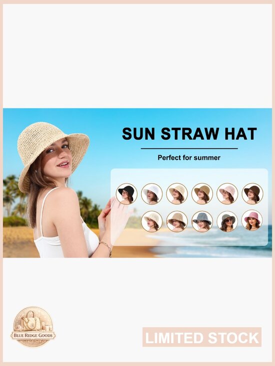 Wide Brim Straw Sun Hat Hand Woven Foldable UPF 50+ Summer Travel Chic